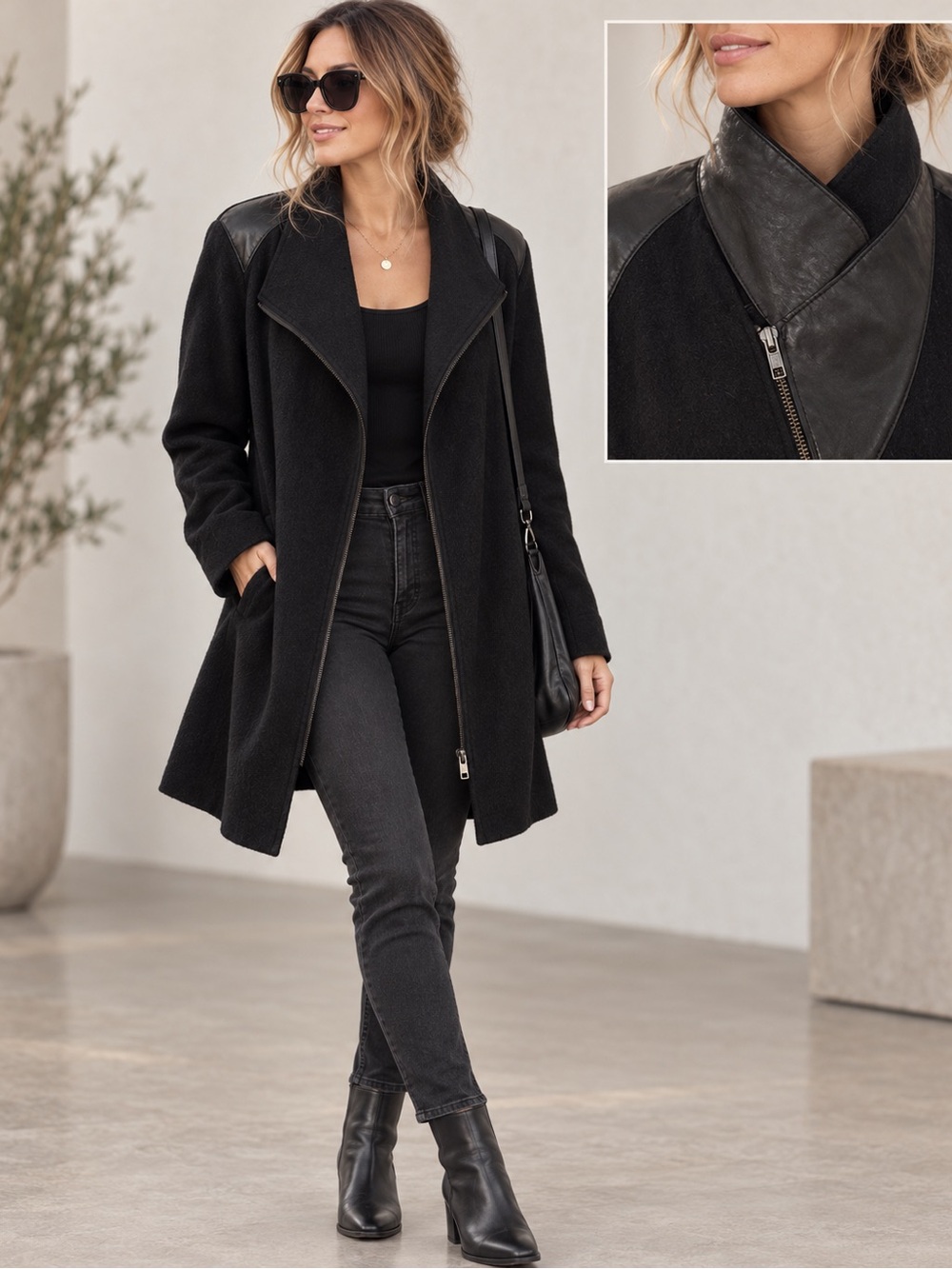 Eileen Fisher Black Merino Wool Moto Coat Jacket Leather Trim Asymmetrical Zip M